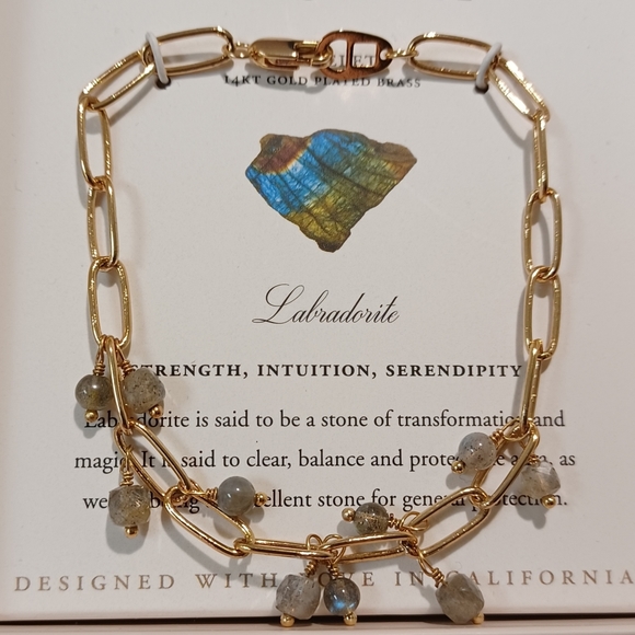LUNA NORTE 14KT GOLD PLATED BRASS LABRADORITE GEMSTONES DANGLE CHAIN BRACELETCo - Picture 1 of 6